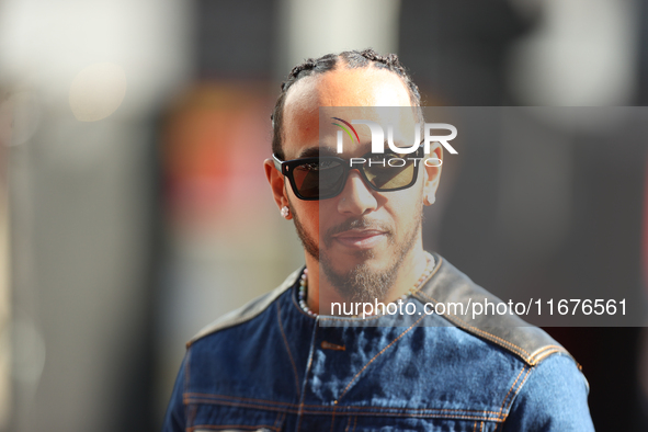 Mercedes driver Lewis Hamilton (44) arrives in the paddock at Circuit of the Americas in Austin, Texas, on October 17, 2024. 