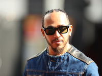 Mercedes driver Lewis Hamilton (44) arrives in the paddock at Circuit of the Americas in Austin, Texas, on October 17, 2024. (