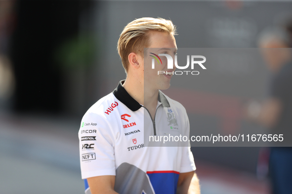 Visa Cash App RB driver Liam Lawson, 30, walks in the paddock at Circuit of the Americas in Austin, Texas, on October 17, 2024. 