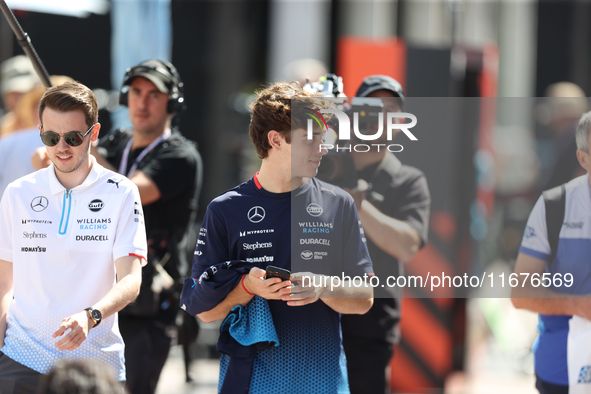 Williams driver Franco Colapinto (43) walks in the paddock at Circuit of the Americas in Austin, Texas, on October 17, 2024. 