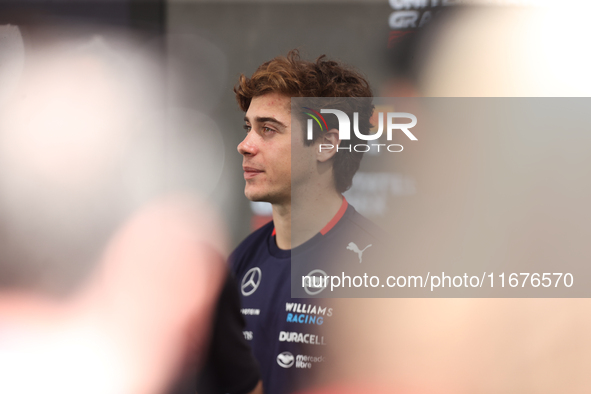 Williams driver Franco Colapinto (43) speaks to the press in the paddock at Circuit of the Americas in Austin, Texas, on October 17, 2024. 