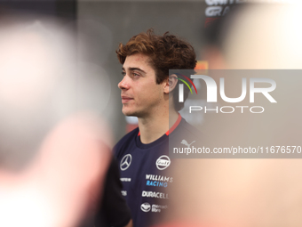 Williams driver Franco Colapinto (43) speaks to the press in the paddock at Circuit of the Americas in Austin, Texas, on October 17, 2024. (