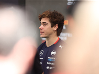 Williams driver Franco Colapinto (43) speaks to the press in the paddock at Circuit of the Americas in Austin, Texas, on October 17, 2024. (