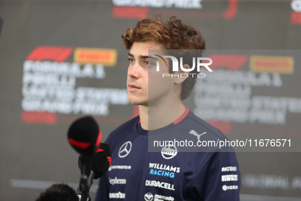 Williams driver Franco Colapinto (43) speaks to the press in the paddock at Circuit of the Americas in Austin, Texas, on October 17, 2024. 