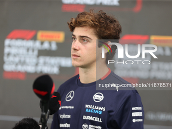 Williams driver Franco Colapinto (43) speaks to the press in the paddock at Circuit of the Americas in Austin, Texas, on October 17, 2024. (