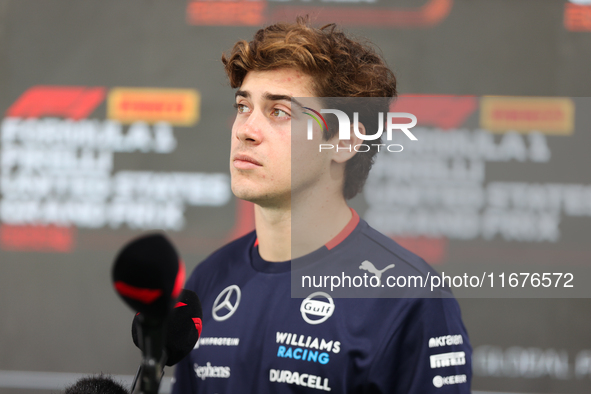 Williams driver Franco Colapinto (43) speaks to the press in the paddock at Circuit of the Americas in Austin, Texas, on October 17, 2024. 