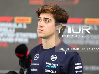 Williams driver Franco Colapinto (43) speaks to the press in the paddock at Circuit of the Americas in Austin, Texas, on October 17, 2024. (