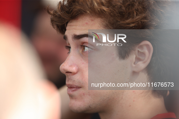 Williams driver Franco Colapinto (43) speaks to the press in the paddock at Circuit of the Americas in Austin, Texas, on October 17, 2024. 