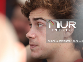 Williams driver Franco Colapinto (43) speaks to the press in the paddock at Circuit of the Americas in Austin, Texas, on October 17, 2024. (