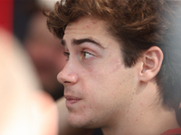 Williams driver Franco Colapinto (43) speaks to the press in the paddock at Circuit of the Americas in Austin, Texas, on October 17, 2024. (