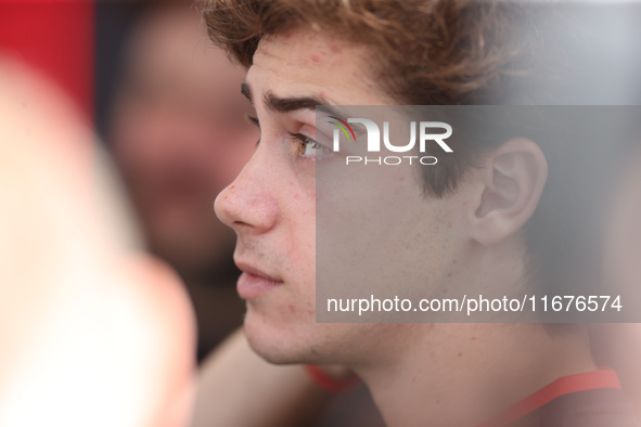 Williams driver Franco Colapinto (43) speaks to the press in the paddock at Circuit of the Americas in Austin, Texas, on October 17, 2024. 