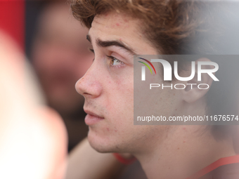 Williams driver Franco Colapinto (43) speaks to the press in the paddock at Circuit of the Americas in Austin, Texas, on October 17, 2024. (