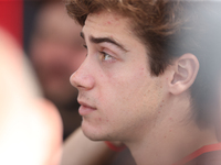 Williams driver Franco Colapinto (43) speaks to the press in the paddock at Circuit of the Americas in Austin, Texas, on October 17, 2024. (