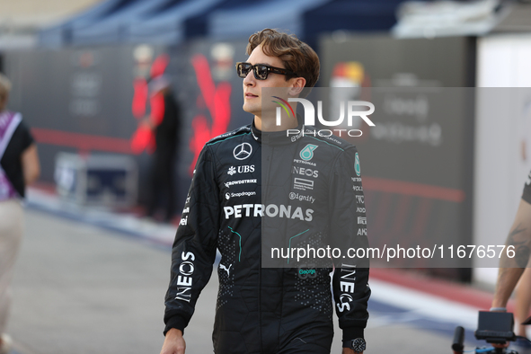 Mercedes driver George Russell (63) walks in the paddock at Circuit of the Americas in Austin, Texas, on October 17, 2024. 