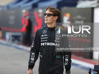 Mercedes driver George Russell (63) walks in the paddock at Circuit of the Americas in Austin, Texas, on October 17, 2024. (