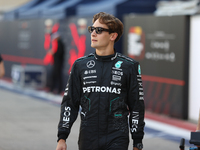 Mercedes driver George Russell (63) walks in the paddock at Circuit of the Americas in Austin, Texas, on October 17, 2024. (