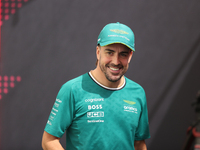 Aston Martin driver Fernando Alonso (14) speaks to the press in the paddock at Circuit of the Americas in Austin, Texas, on October 17, 2024...