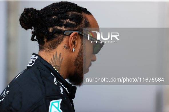 Lewis Hamilton walks in the paddock at Circuit of the Americas in Austin, Texas, on October 17, 2024. 