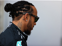 Lewis Hamilton walks in the paddock at Circuit of the Americas in Austin, Texas, on October 17, 2024. (