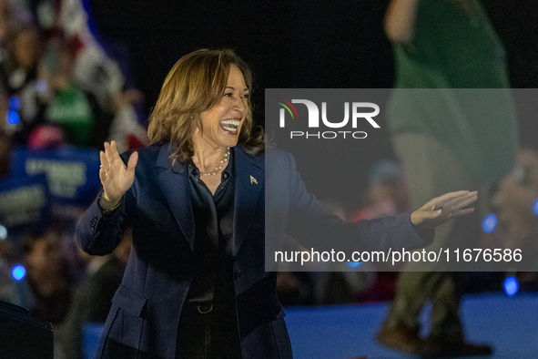 US Vice President and Democratic presidential candidate Kamala Harris speaks during a campaign event at the Resch Expo Center in Green Bay,...