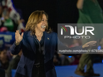 US Vice President and Democratic presidential candidate Kamala Harris speaks during a campaign event at the Resch Expo Center in Green Bay,...