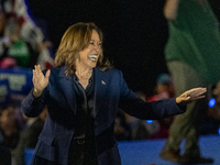 US Vice President and Democratic presidential candidate Kamala Harris speaks during a campaign event at the Resch Expo Center in Green Bay,...