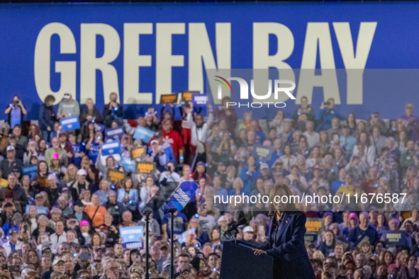 US Vice President and Democratic presidential candidate Kamala Harris speaks during a campaign event at the Resch Expo Center in Green Bay,...