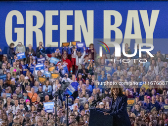 US Vice President and Democratic presidential candidate Kamala Harris speaks during a campaign event at the Resch Expo Center in Green Bay,...