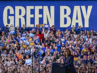 US Vice President and Democratic presidential candidate Kamala Harris speaks during a campaign event at the Resch Expo Center in Green Bay,...