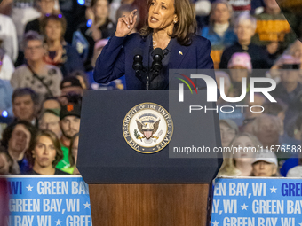 US Vice President and Democratic presidential candidate Kamala Harris speaks during a campaign event at the Resch Expo Center in Green Bay,...