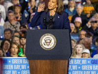 US Vice President and Democratic presidential candidate Kamala Harris speaks during a campaign event at the Resch Expo Center in Green Bay,...