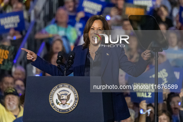 US Vice President and Democratic presidential candidate Kamala Harris speaks during a campaign event at the Resch Expo Center in Green Bay,...