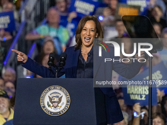 US Vice President and Democratic presidential candidate Kamala Harris speaks during a campaign event at the Resch Expo Center in Green Bay,...