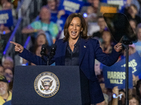 US Vice President and Democratic presidential candidate Kamala Harris speaks during a campaign event at the Resch Expo Center in Green Bay,...