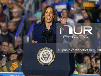 US Vice President and Democratic presidential candidate Kamala Harris speaks during a campaign event at the Resch Expo Center in Green Bay,...