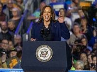 US Vice President and Democratic presidential candidate Kamala Harris speaks during a campaign event at the Resch Expo Center in Green Bay,...