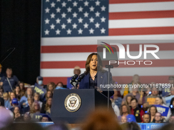 US Vice President and Democratic presidential candidate Kamala Harris speaks during a campaign event at the Resch Expo Center in Green Bay,...