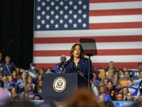 US Vice President and Democratic presidential candidate Kamala Harris speaks during a campaign event at the Resch Expo Center in Green Bay,...