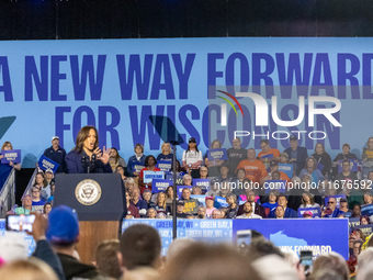 US Vice President and Democratic presidential candidate Kamala Harris speaks during a campaign event at the Resch Expo Center in Green Bay,...