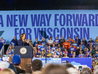 US Vice President and Democratic presidential candidate Kamala Harris speaks during a campaign event at the Resch Expo Center in Green Bay,...