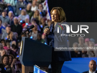 US Vice President and Democratic presidential candidate Kamala Harris speaks during a campaign event at the Resch Expo Center in Green Bay,...