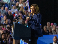 US Vice President and Democratic presidential candidate Kamala Harris speaks during a campaign event at the Resch Expo Center in Green Bay,...