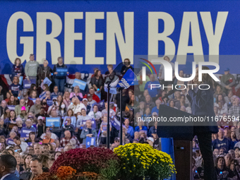 US Vice President and Democratic presidential candidate Kamala Harris speaks during a campaign event at the Resch Expo Center in Green Bay,...