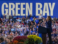 US Vice President and Democratic presidential candidate Kamala Harris speaks during a campaign event at the Resch Expo Center in Green Bay,...