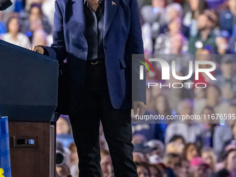 US Vice President and Democratic presidential candidate Kamala Harris speaks during a campaign event at the Resch Expo Center in Green Bay,...