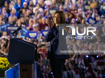 US Vice President and Democratic presidential candidate Kamala Harris speaks during a campaign event at the Resch Expo Center in Green Bay,...