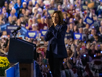 US Vice President and Democratic presidential candidate Kamala Harris speaks during a campaign event at the Resch Expo Center in Green Bay,...