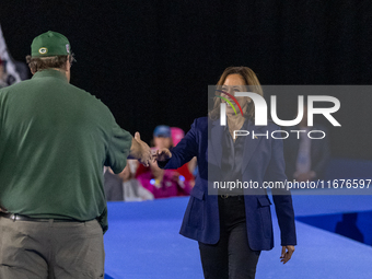 US Vice President and Democratic presidential candidate Kamala Harris speaks during a campaign event at the Resch Expo Center in Green Bay,...