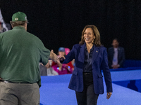 US Vice President and Democratic presidential candidate Kamala Harris speaks during a campaign event at the Resch Expo Center in Green Bay,...