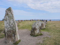 People visit Ales Stenar, also called the Swedish Stonehenge, in Kaseberga, near Ystad, Scane, Sweden, on August 3, 2024. Ales Stenar is a m...